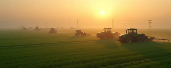 Exploitation agricole moderne vue en surplomb, avec équipements high-tech, sans aucun texte visible, dans un environnement réaliste, couleurs naturelles.