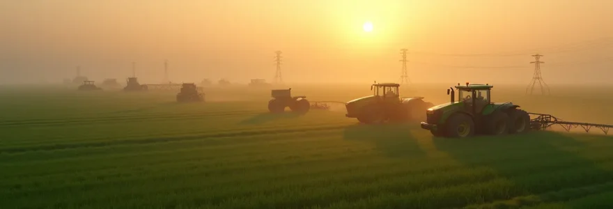 Exploitation agricole moderne vue en surplomb, avec équipements high-tech, sans aucun texte visible, dans un environnement réaliste, couleurs naturelles.