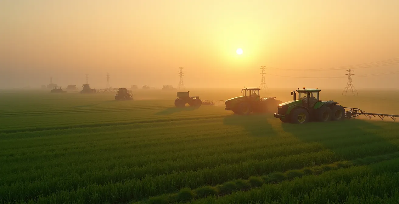 Exploitation agricole moderne vue en surplomb, avec équipements high-tech, sans aucun texte visible, dans un environnement réaliste, couleurs naturelles.