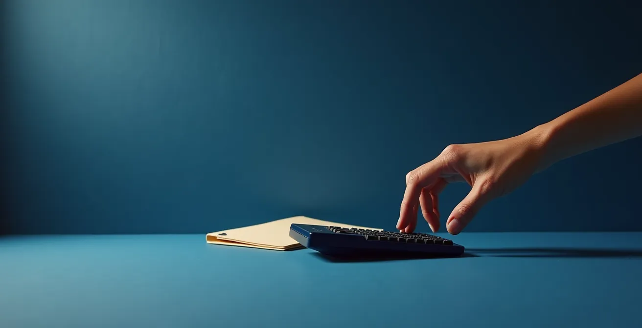 Photo studio d’une main saisissant une calculatrice posée sur un bureau sombre, documents fermés, composition minimaliste, aucune écriture visible.