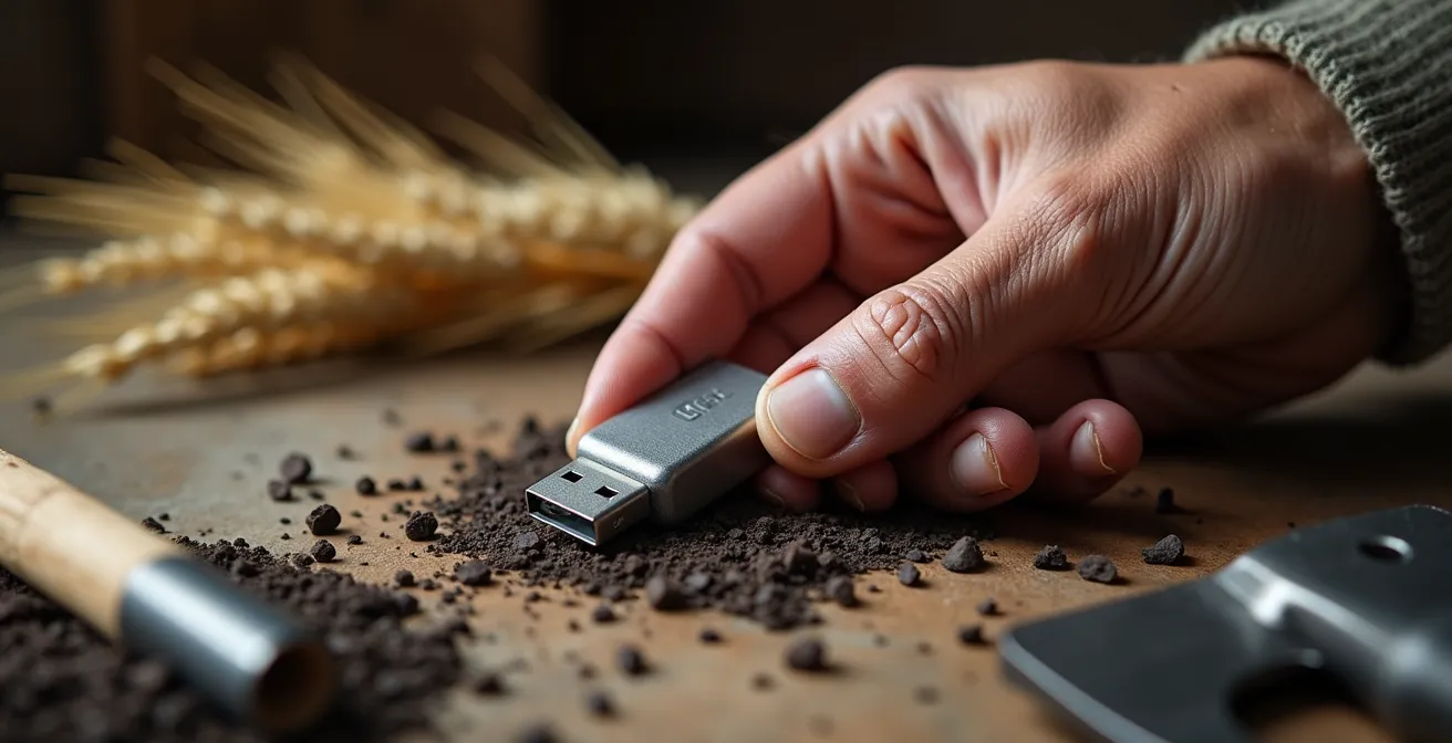 Main posant une clé USB métallique sur une table en bois entourée d’éléments agricoles, textures mises en valeur, aucune inscription visible.