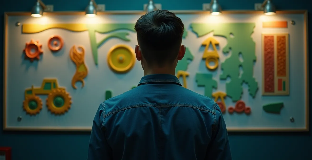 Salle de contrôle fermée, jeune femme observant un panneau d’objets agricoles stylisés (aucun écran, aucune icône reconnaissable). Lumière projetée.