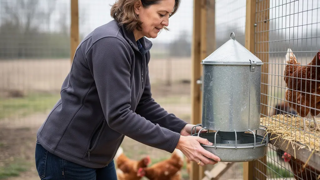 Éleveuse amateur ajustant la hauteur d'une mangeoire galvanisée