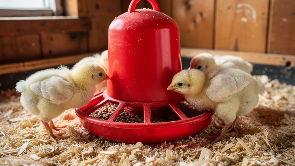 Mangeoire poussin positionnée à hauteur du dos des poussins