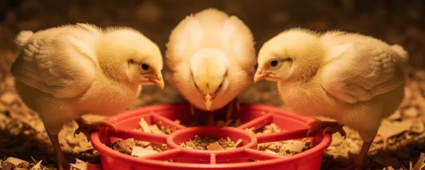Poussins picorant dans une mangeoire plastique rouge en poussinière