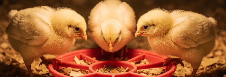 Poussins picorant dans une mangeoire plastique rouge en poussinière