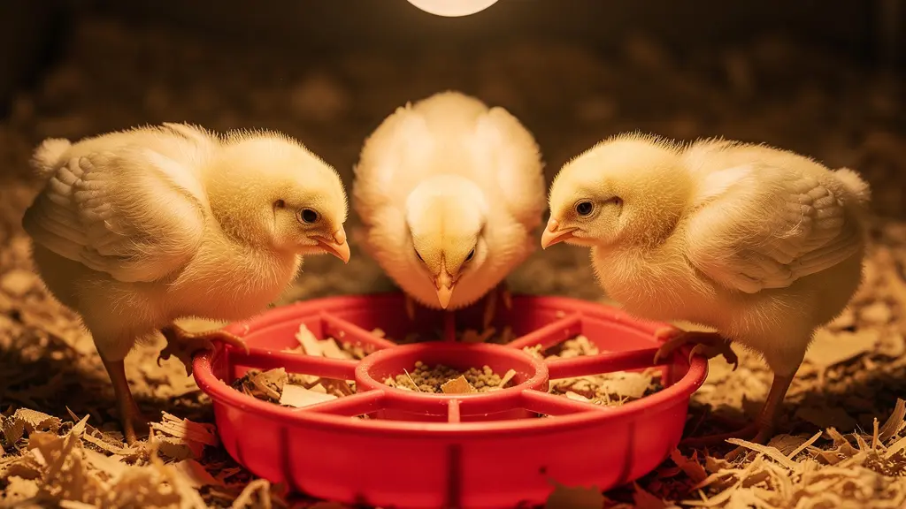 Poussins picorant dans une mangeoire plastique rouge en poussinière