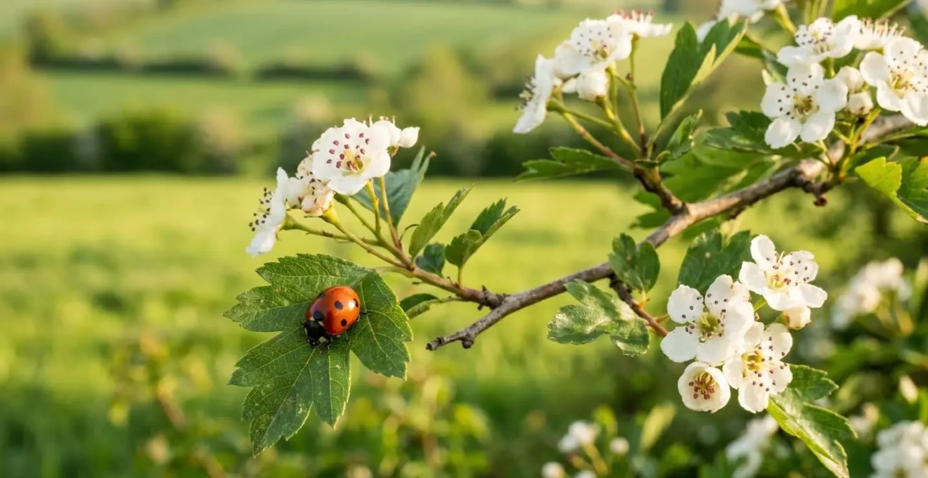 Coccinelle à sept points sur une branche fleurie de haie champêtre avec parcelle agricole en arrière-plan flou