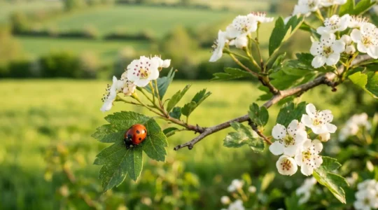 Coccinelle à sept points sur une branche fleurie de haie champêtre avec parcelle agricole en arrière-plan flou