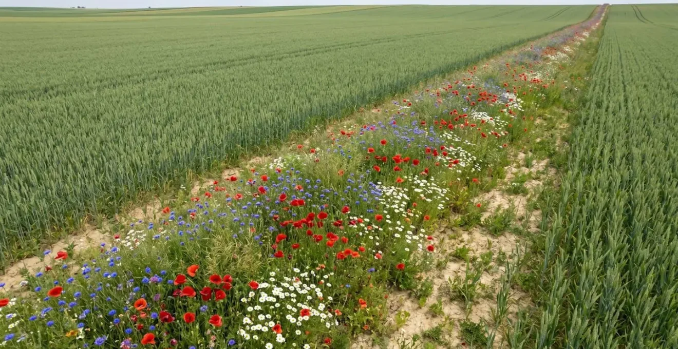 Vue aérienne d'une bande enherbée fleurie multicolore longeant une parcelle de blé créant un corridor écologique